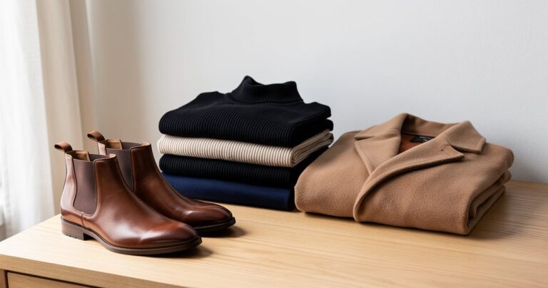 Capsule wardrobe homme hiver : sous-pulls noir beige et marine pliés près d un manteau camel et de bottines marron