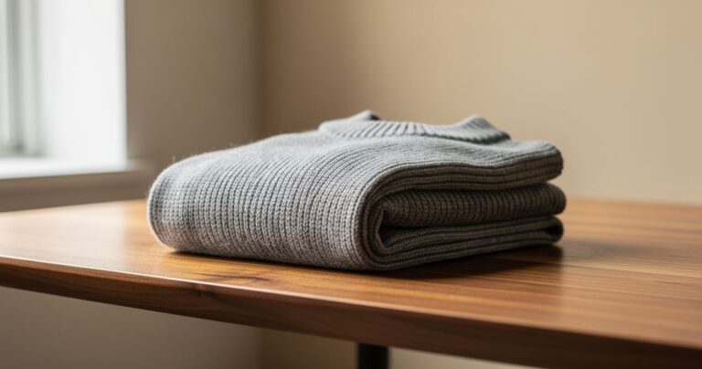 Pull en laine gris homme plié sur une table en bois