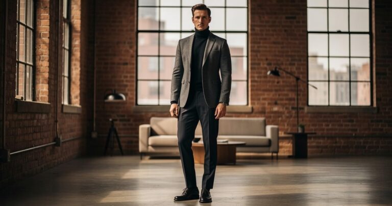 Homme portant un col roulé noir sous un blazer gris en flanelle