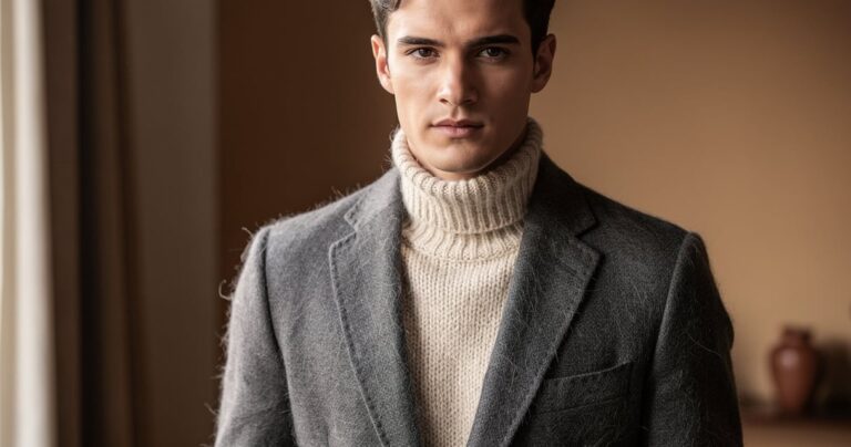 Homme portant un sous-pull en laine alpaga sous une veste de costume