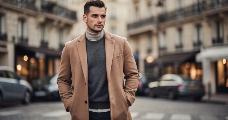 Homme portant le système 3 couches en hiver : sous-pull thermique, pull en laine et manteau