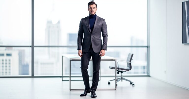 Homme en col roulé bleu marine sous un blazer gris foncé dans un bureau moderne