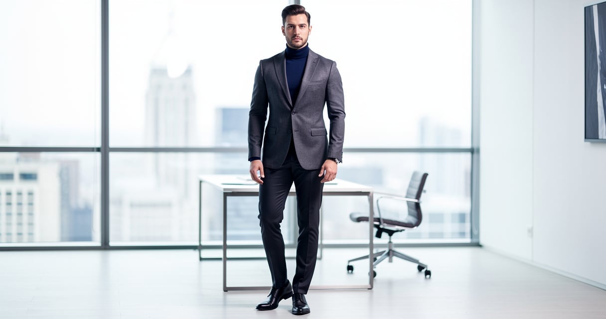 Homme en col roulé bleu marine sous un blazer gris foncé dans un bureau moderne