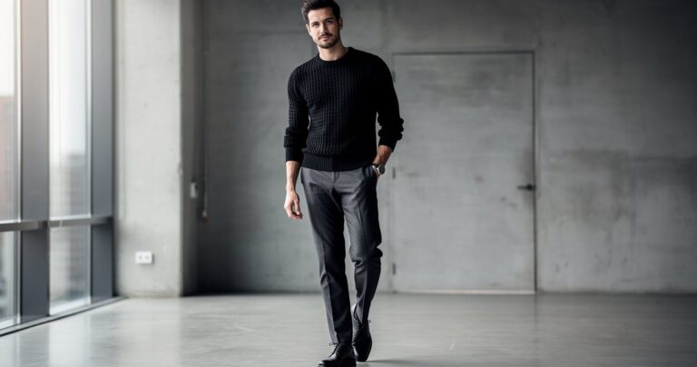 Homme portant un pull noir tendance col rond en laine dans un décor urbain épuré