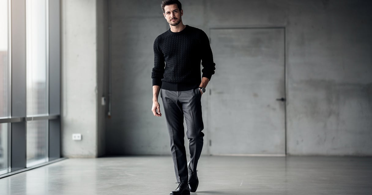 Homme portant un pull noir tendance col rond en laine dans un décor urbain épuré