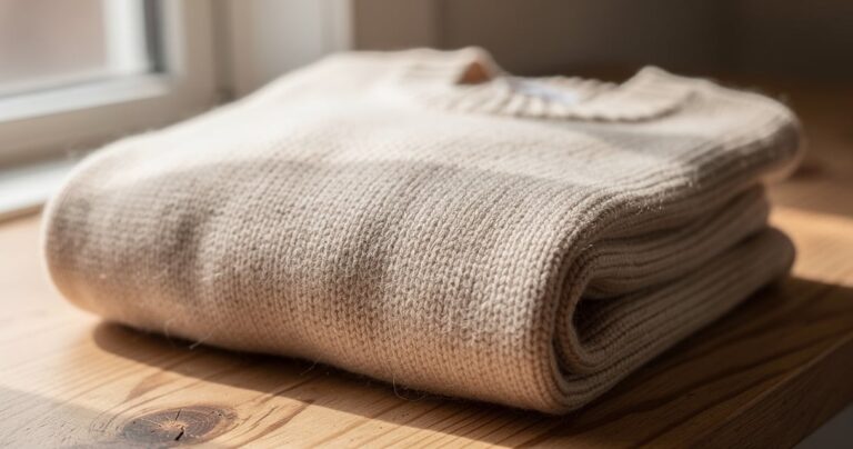 Pull en laine mérinos beige plié sur une surface en bois, texture fine et douce