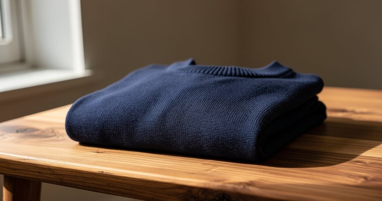 Pull en laine mérinos bleu marine plié sur surface bois, qualité durable