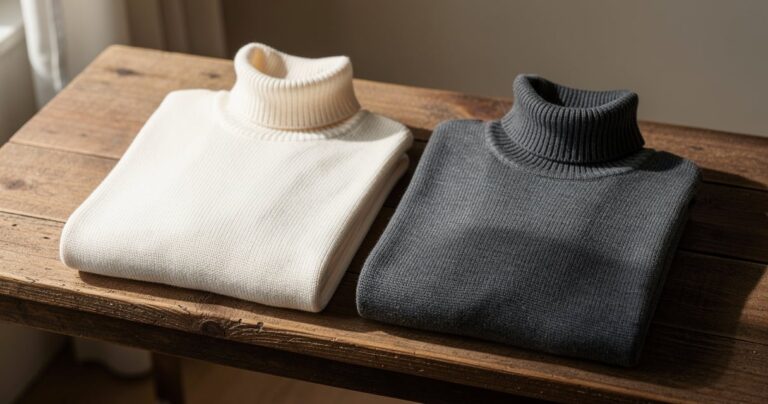 Comparatif visuel entre un sous-pull en coton clair et un sous-pull en laine mérinos foncé posés sur une table en bois