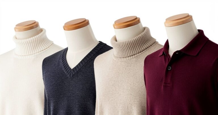 Cinq types de cols de sous pull homme alignés et comparés en photo studio