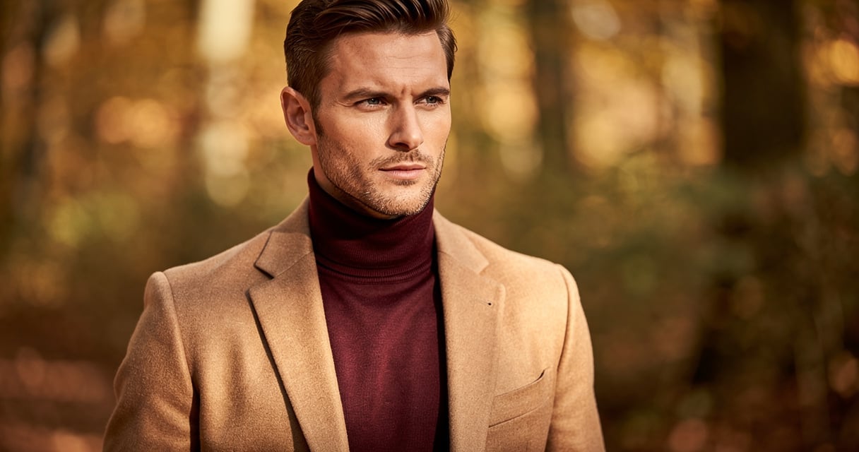 Homme portant un sous-pull bordeaux sous un blazer camel, tendances couleurs automne