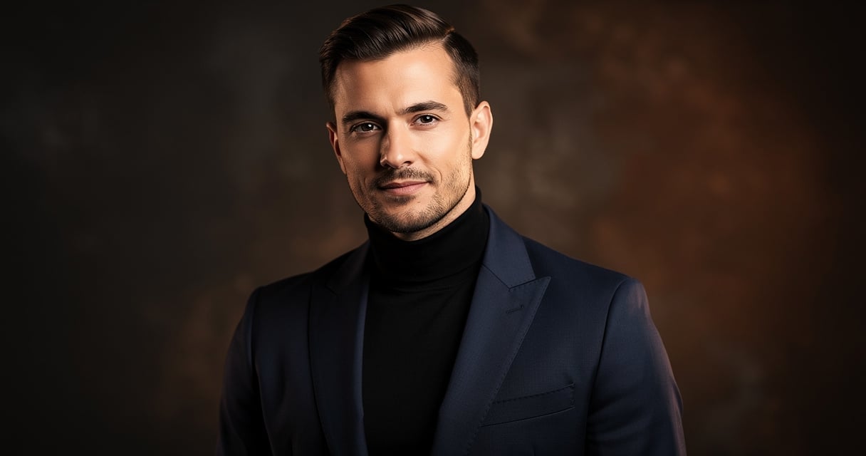 Homme portant un sous-pull col roulé noir sous un blazer bleu marine