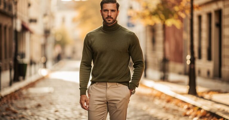 Homme portant un sous-pull kaki olive en mérinos avec un chino beige en ville