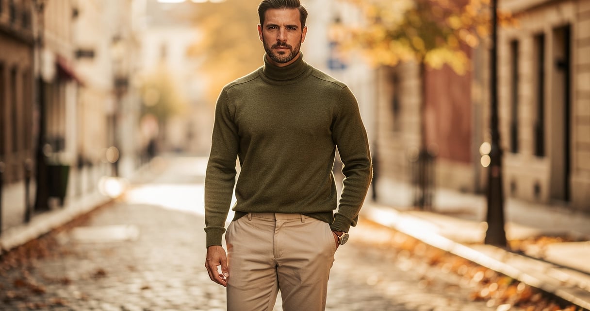Homme portant un sous-pull kaki olive en mérinos avec un chino beige en ville