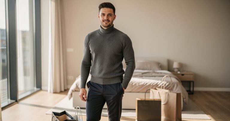 Homme portant un sous-pull col roulé gris devant des sacs de shopping