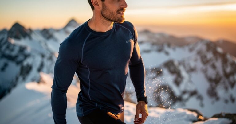 Homme en sous-pull technique merinos sur une crete enneigee en montagne