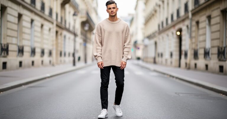 Homme portant un sous pull oversize beige avec un jean slim noir dans une rue parisienne
