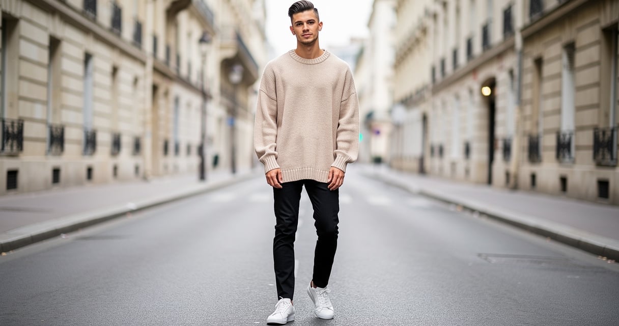Homme portant un sous pull oversize beige avec un jean slim noir dans une rue parisienne