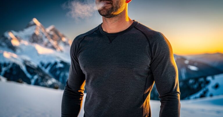 Homme portant un sous-pull thermique en laine mérinos devant des montagnes enneigées