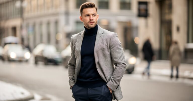 Homme portant un col roulé bleu marine sous un blazer gris en hiver
