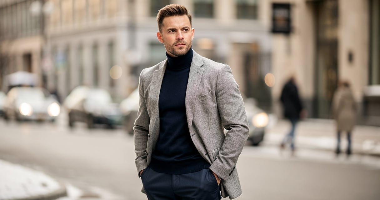Homme portant un col roulé bleu marine sous un blazer gris en hiver
