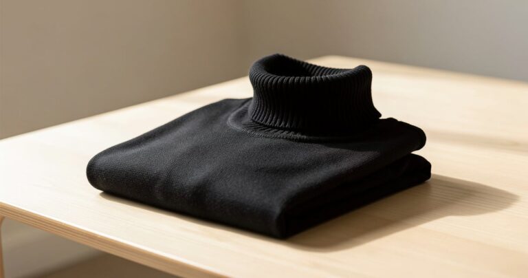 Col roulé noir Heattech posé sur une surface en bois clair