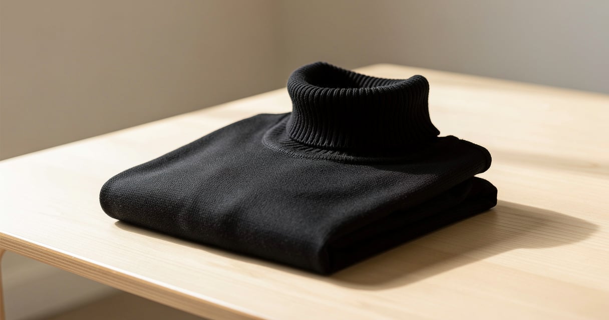 Col roulé noir Heattech posé sur une surface en bois clair